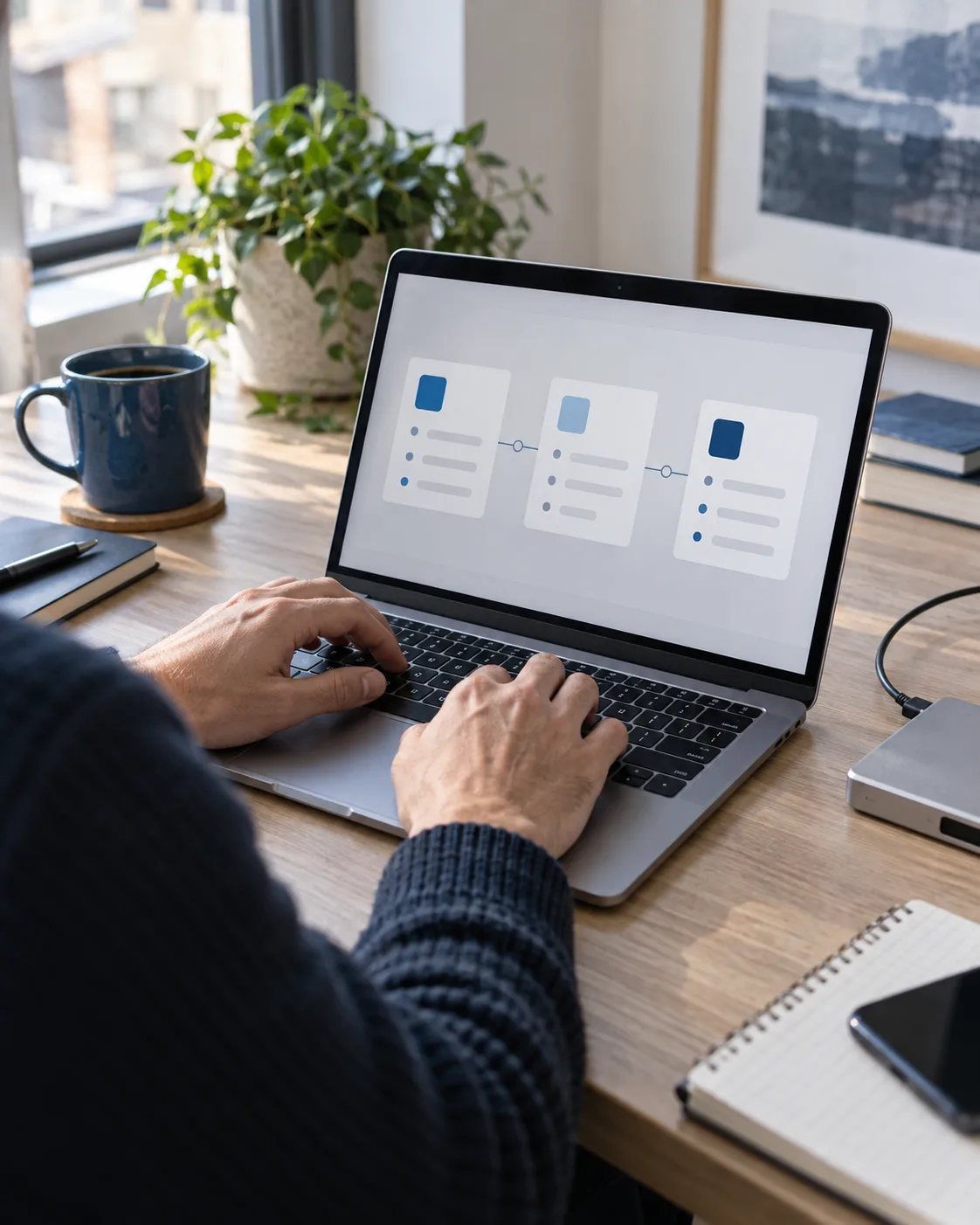 Hands at a laptop showing three connected workflow cards.