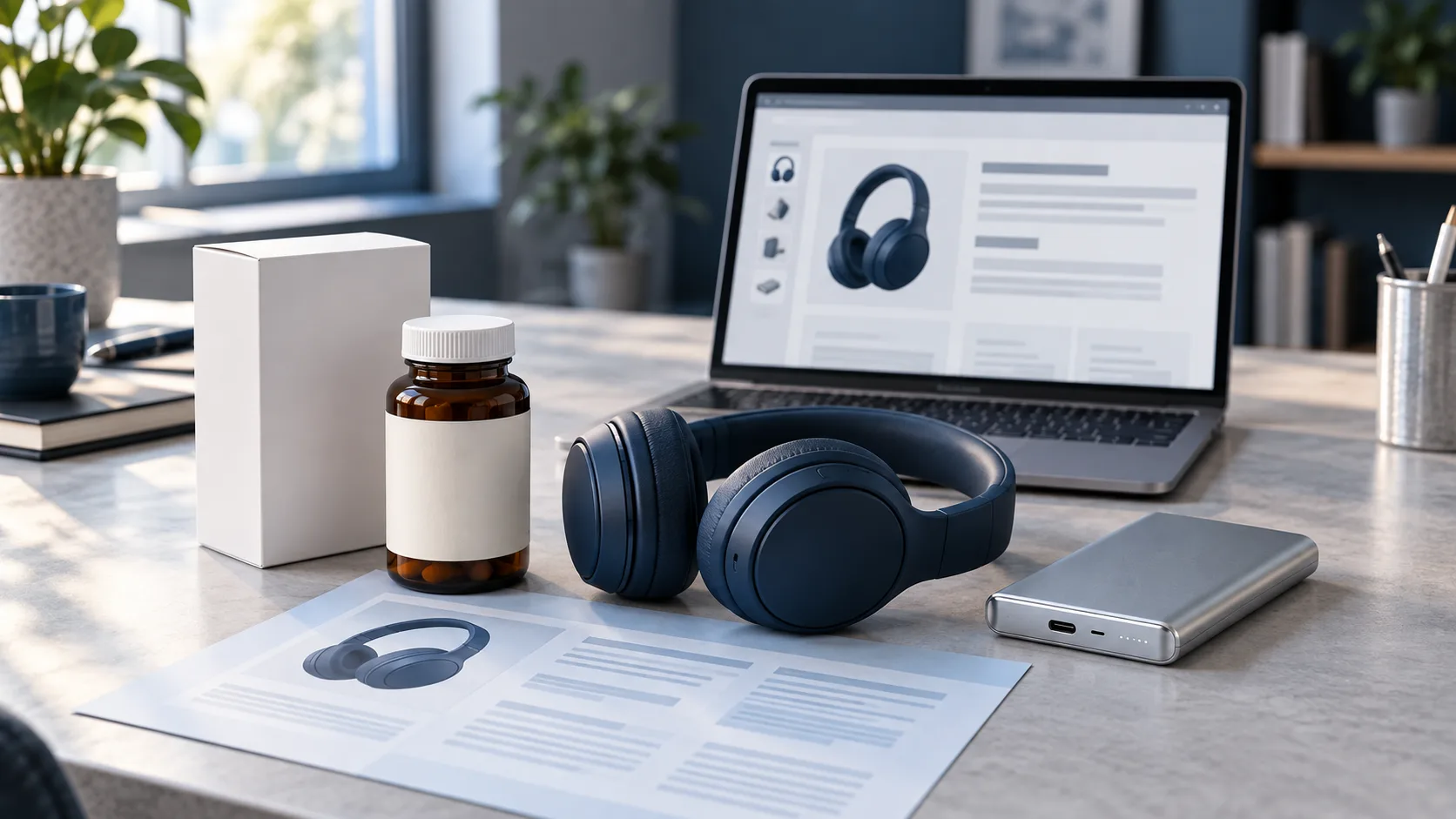 Pharmacy packaging, headphones and a power bank beside an illustrated product-description editor.