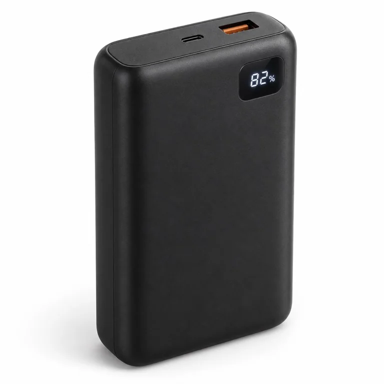 Illustrative sample: Black power bank with a charge display and USB ports.